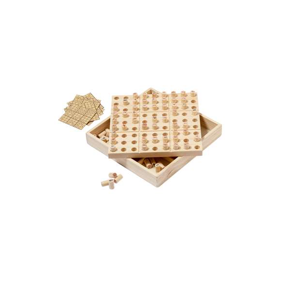 Juego de habilidad sudoku fabricado en resistente madera. Incluye 81 fichas de madera numeradas y 10 cartas. Con reglas del juego en español e inglés. Presentado en estuche de madera con tapa-tablero.