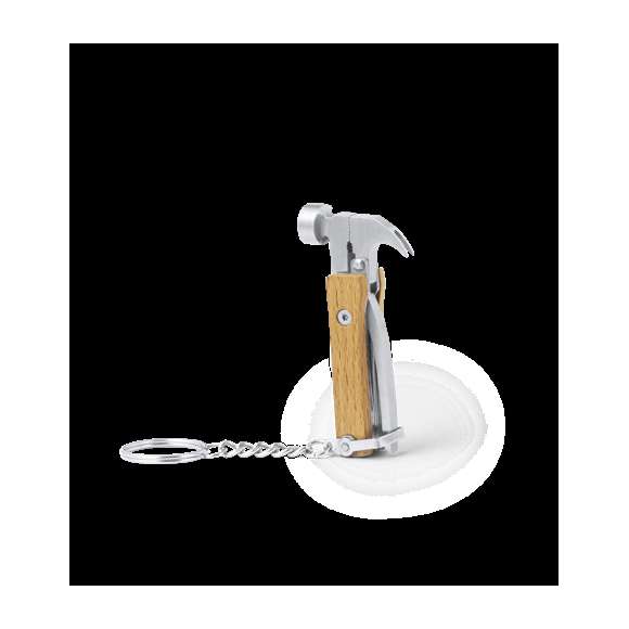 Práctico llavero multiherramienta fabricado en resistente acero inox y madera. Con 7 funciones: martillo, destornillador plano pequeño, alicates, cuchillo, pelacables, lima y abrebotellas. Presentado en caja individual de diseño kraft.