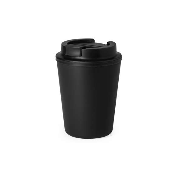 Vaso térmico fabricado en resistente PP de doble pared y 300ml de capacidad de color mate. Tapa con dosificador y abrefácil, libre de BPA. Es ideal para tener en tu escritorio, mesa o en cualquier superficie donde disfrutar tranquilamente de tu bebida favorita. Con certificación Food Grade, garantizando la seguridad cuando los alimentos entran en contacto con el material usado para fabricar el producto. El PP reciclado es un plástico reciclado y altamente reciclable, de gran resistencia y apto para multitud de aplicaciones.
