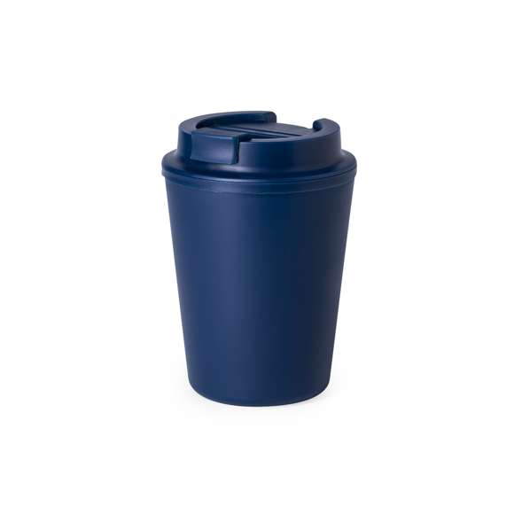 Vaso térmico fabricado en resistente PP de doble pared y 300ml de capacidad de color mate. Tapa con dosificador y abrefácil, libre de BPA. Es ideal para tener en tu escritorio, mesa o en cualquier superficie donde disfrutar tranquilamente de tu bebida favorita. Con certificación Food Grade, garantizando la seguridad cuando los alimentos entran en contacto con el material usado para fabricar el producto. El PP reciclado es un plástico reciclado y altamente reciclable, de gran resistencia y apto para multitud de aplicaciones.