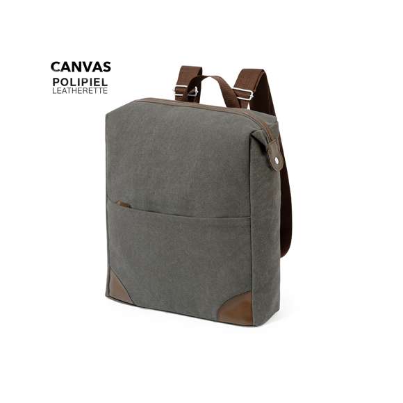 Mochila de diseño atemporal, fabricada en resistente canvas de 475g/m2 de color gris, con cremalleras y asa de transporte en polipiel. Interior acolchado con compartimentos independientes para tablet de hasta 10 pulgadas y ordenador portátil de hasta 15 pulgadas. Con práctico bolsillo frontal en el exterior, espalda acolchada y cintas para hombros ajustables y acolchadas en resistente poliéster. Con esquinas reforzadas para una mayor resistencia.Presentado en bolsa individual reciclada.