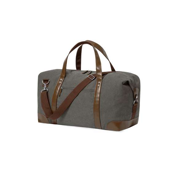 Elegante bolso fabricado en resistente canvas de 475g/m2 gris, con prácticas y resistentes asas en polipiel alrededor del bolso y esquinas reforzadas. Compartimento principal con cierre de cremallera a juego con las asas y cinta para hombro ajustable con mosquetón. Incluye bolsilo exterior de fácil acceso.Presentado en bolsa individual reciclada.