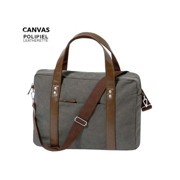 Portadocumentos bandolera de diseño atemporal, fabricado en resistente canvas de 475 g/m2, color gris, con cintas en polipiel y práctica cinta para hombro ajustable. Interior acolchado con compartimento ordenador portátil de hasta 15 pulgadas. Incluye práctico bolsillo en el exterior. Presentado en bolsa individual reciclada.