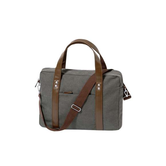 Portadocumentos bandolera de diseño atemporal, fabricado en resistente canvas de 475 g/m2, color gris, con cintas en polipiel y práctica cinta para hombro ajustable. Interior acolchado con compartimento ordenador portátil de hasta 15 pulgadas. Incluye práctico bolsillo en el exterior. Presentado en bolsa individual reciclada.