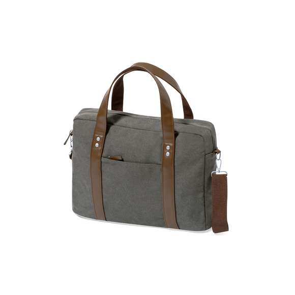 Portadocumentos bandolera de diseño atemporal, fabricado en resistente canvas de 475 g/m2, color gris, con cintas en polipiel y práctica cinta para hombro ajustable. Interior acolchado con compartimento ordenador portátil de hasta 15 pulgadas. Incluye práctico bolsillo en el exterior. Presentado en bolsa individual reciclada.