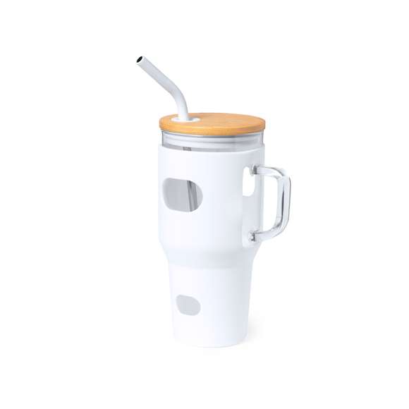 Tarro de gran capacidad (1,1 l) con cuerpo fabricado en resistente cristal, que ofrece una resistencia y durabilidad excepcionales, alargando su vida útil y pudiendo ser reutilizado infinidad de veces. Incluye asa para cómodo transporte y funda protectora en suave silicona. Tapa en bambú a presión, con orificio para pajita, y pajita reutilizable de acero inoxidable, con la punta recubierta en silicona para disfrutar de las bebidas de manera cómoda y segura.Presentado en caja individual de diseño kraft.