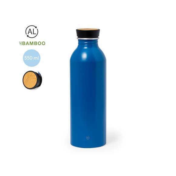 Bidón de 550 ml de capacidad. Fabricado en elegante y sostenible aluminio reciclado. De acabado satinado, incluye original tapón a rosca con detalle de bambú y libre de BPA. Con distintivo Aluminio Reciclado. Presentado en caja de diseño kraft y en bolsa individual reciclada.El aluminio reciclado es un material con posibilidades de reciclaje casi infinitas, sin perder sus propiedades originales y consumiendo menos energía en este proceso.