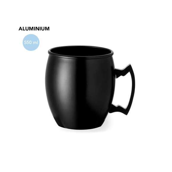 Taza de 540 ml de capacidad fabricada en aluminio. Con innovador diseño de asa y disponible en variada gama de colores metalizados. Presentada en atractiva caja individual de diseño kraft.