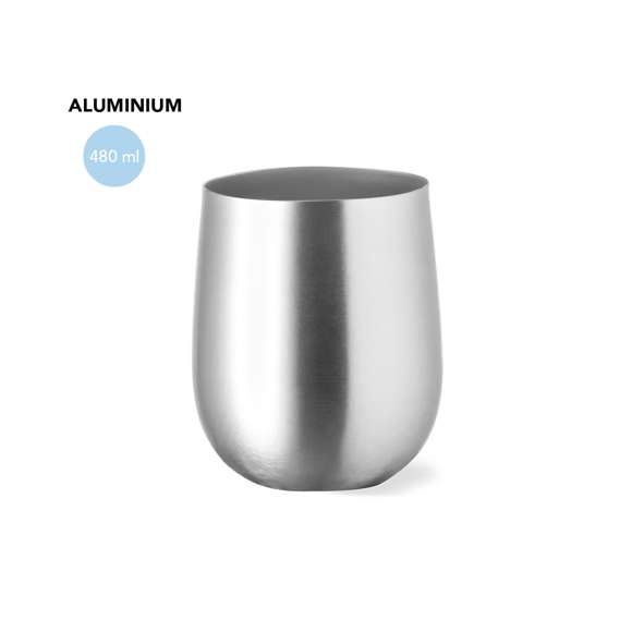 Vaso de 480 ml de capacidad fabricado en aluminio y disponible en variada gama de colores metalizados. Presentado en atractiva caja individual de diseño kraft.