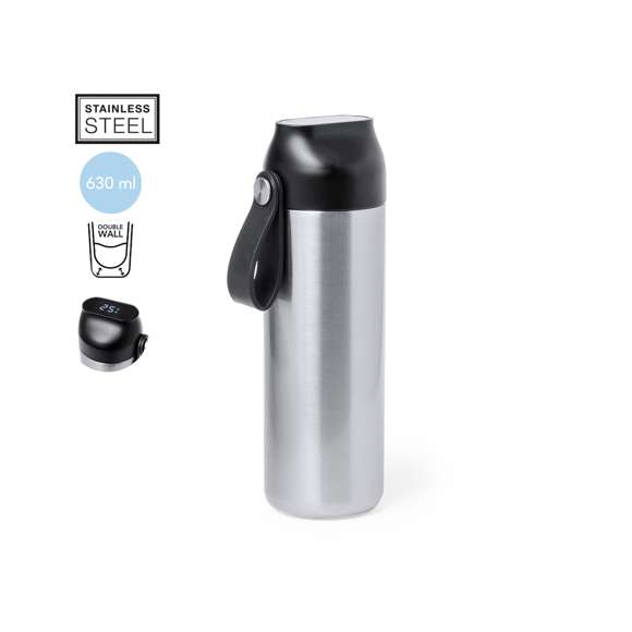 Bidón térmico de acero inox y doble pared de 630 ml de capacidad, con medidor de temperatura táctil en tapón y asa integrada. Con tapón de seguridad libre de BPA y presentado en atractiva caja individual de diseño Kraft y en bolsa reciclada. Alimentación a pilas (de botón incluida), con manual de instrucciones disponible en español e inglés.