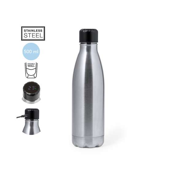 Bidón térmico de acero inox y doble pared de 500 ml de capacidad en acabado mate. Con medidor de temperatura táctil integrado en tapón y batería recargable -incluido cable negro Tipo C-. Con tapón de seguridad libre de BPA y presentado en atractiva caja individual de diseño Kraft y en bolsa reciclada. Disponible manual de instrucciones en español e inglés.