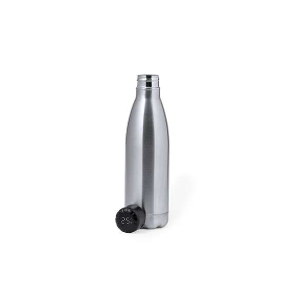 Bidón térmico de acero inox y doble pared de 500 ml de capacidad en acabado mate. Con medidor de temperatura táctil integrado en tapón y batería recargable -incluido cable negro Tipo C-. Con tapón de seguridad libre de BPA y presentado en atractiva caja individual de diseño Kraft y en bolsa reciclada. Disponible manual de instrucciones en español e inglés.