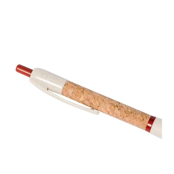 Bolígrafo de mecanismo pulsador con cuerpo en corcho natural. Clip, punta y pulsador en caña de trigo. Disponible en variada gama de colores. Distintivo Wheat Straw en la parte superior del bolígrafo. En tinta azul.Elaborado con elementos vegetales, para así fomentar la utilización de materias primas naturales y reducir las emisiones contaminantes.