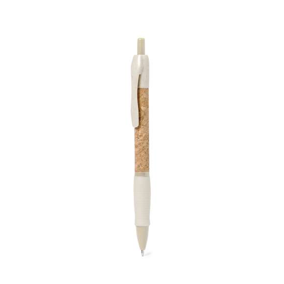 Bolígrafo de mecanismo pulsador con cuerpo en corcho natural. Clip, punta y pulsador en caña de trigo. Disponible en variada gama de colores. Distintivo Wheat Straw en la parte superior del bolígrafo. En tinta azul.Elaborado con elementos vegetales, para así fomentar la utilización de materias primas naturales y reducir las emisiones contaminantes.