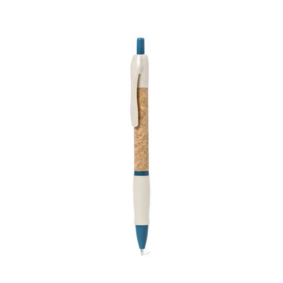 Bolígrafo de mecanismo pulsador con cuerpo en corcho natural. Clip, punta y pulsador en caña de trigo. Disponible en variada gama de colores. Distintivo Wheat Straw en la parte superior del bolígrafo. En tinta azul.Elaborado con elementos vegetales, para así fomentar la utilización de materias primas naturales y reducir las emisiones contaminantes.