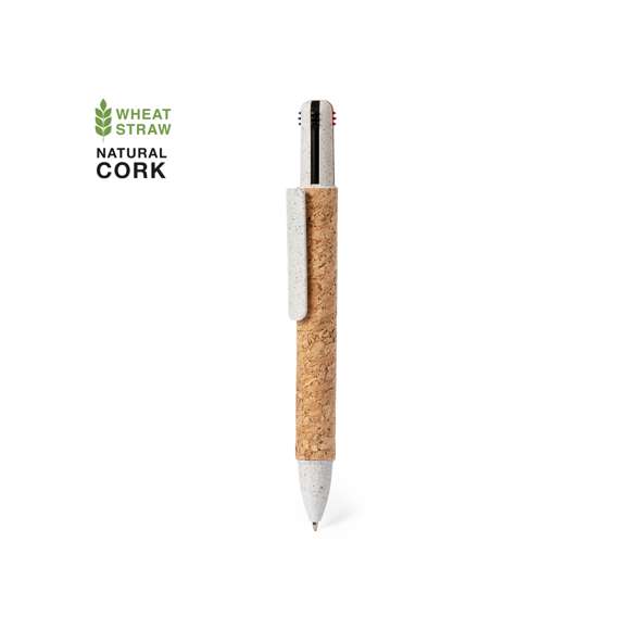 Bolígrafo 4 en 1 con mecanismo pulsador retráctil. Combinación de cuerpo en corcho natural y accesorios en caña de trigo y ABS, para fomentar la utilización y reciclado de materias primas, reduciendo así las emisiones contaminantes. De 4 cartuchos en tinta azul, roja, negra y verde.Elaborado con elementos vegetales para así fomentar la utilización de materias primas naturales y reducir las emisiones contaminantes.