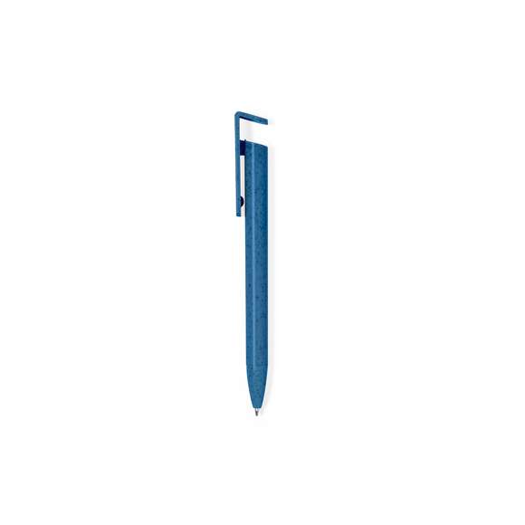 Elegante y práctico bolígrafo fabricado en caña de trigo y ABS. De mecanismo pulsador, con soporte integrado en clip para dispositivo móvil. En tinta azul y con distintivo Wheat Straw en la parte superior del bolígrafo.La caña de trigo fomenta la utilización de materias primas naturales, reduciendo así las emisiones contaminantes.