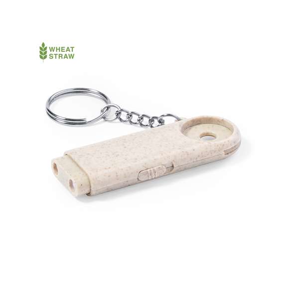 Llavero moneda con linterna integrada, fabricado en caña de trigo y ABS. Con práctica moneda, 2 LEDs y alimentación a pilas (de botón incluidas). Con distintivo Wheat Straw y presentado en bolsa individual reciclada.Elaborado con elementos vegetales para así fomentar la utilización de materias primas naturales y reducir las emisiones contaminantes.