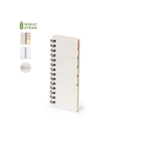 Bloc de notas con tapas en fibra de trigo. Con distintivo wheat straw en la contraportada. Incluye:Bloc de anillas de 30 hojas blancas con disposición a una raya y distintivo reciclado por ambas caras.25 notas adhesivas medianas.125 mininotas adhesivas en varios colores. Elaborado con elementos vegetales para así fomentar la utilización de materias primas naturales y reducir las emisiones contaminantes.Presentado en bolsa individual reciclada.