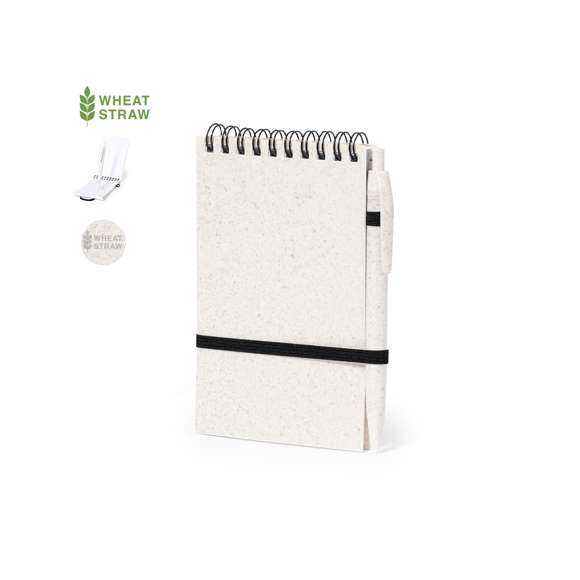 Libreta de anillas con tapas de caña de trigo y bolígrafo a juego, también en caña de trigo. De tamaño compacto, con elástico de cierre en elegante color negro. Incluye 70 hojas con disposición a una raya y diseño eco. Bolígrafo de mecanismo pulsador en caña de trigo con tinta azul. Incluye distintivo Wheat Straw. Presentado en bolsa individual reciclada.Elaborado con elementos vegetales para así fomentar la utilización de materias primas naturales y reducir las emisiones contaminantes.