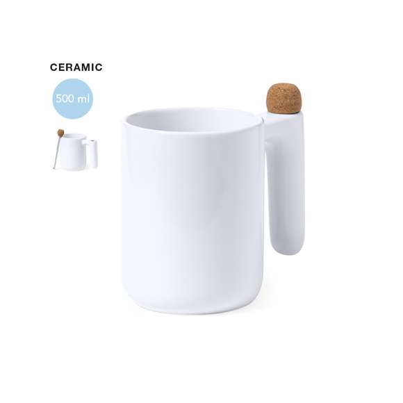 Taza de cerámica de 500 ml de capacidad, con exterior acabado brillo. Con original agitador extensible integrado en el asa, fabricado en combinación de acero inoxidable y corcho. Presentada en caja individual de diseño kraft.