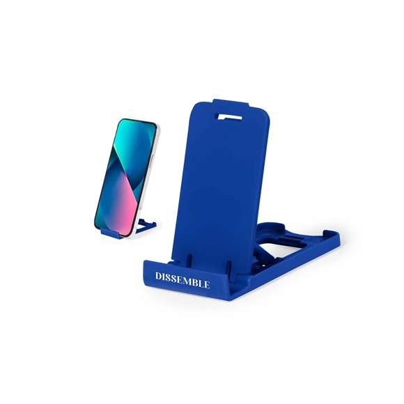 Soporte para smartphone y tablet fabricado en resistente PP. De diseño compacto y plegable para poder llevarlo a cualquier lado. Con distintas posiciones de inclinación. Disponible en amplia gama de colores. Presentado en bolsa individual reciclada.