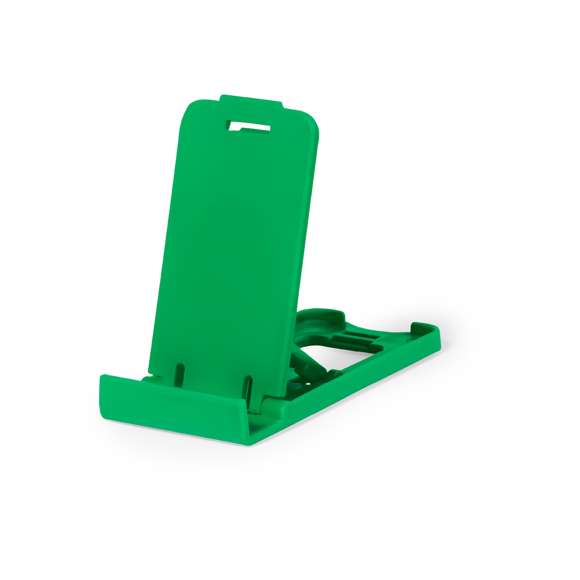 Soporte para smartphone y tablet fabricado en resistente PP. De diseño compacto y plegable para poder llevarlo a cualquier lado. Con distintas posiciones de inclinación. Disponible en amplia gama de colores. Presentado en bolsa individual reciclada.