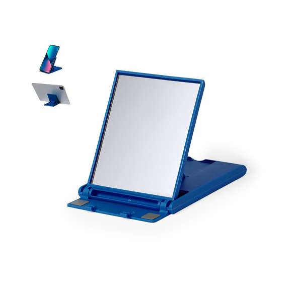 Soporte con espejo para smartphone y tablet fabricado en resistente ABS. Incluye 2 antislips de silicona y 6 posiciones. De diseño compacto y plegable para poder llevarlo a cualquier lado. Disponible en amplia gama de colores. Presentado en caja de diseño kraft.
