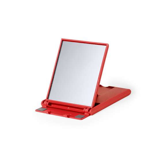 Soporte con espejo para smartphone y tablet fabricado en resistente ABS. Incluye 2 antislips de silicona y 6 posiciones. De diseño compacto y plegable para poder llevarlo a cualquier lado. Disponible en amplia gama de colores. Presentado en caja de diseño kraft.