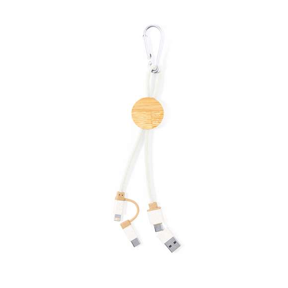 Cable cargador con mosquetón de transporte. Fabricado usando materiales naturales y respetuosos con el medio ambiente:Pieza central en bambú natural.Cables recubiertos de algodón, incluyen conexiones de entrada Tipo C y USB, salidas Lightning, Micro USB y Tipo C. 5V DC 2.4A.Presentado en bolsa individual de diseño kraft. Poner que lleva distintivo en hangtag de bambú y algodón kraft.Elaborado con elementos vegetales para así fomentar la utilización de materias primas naturales y reducir las emisiones contaminantes.