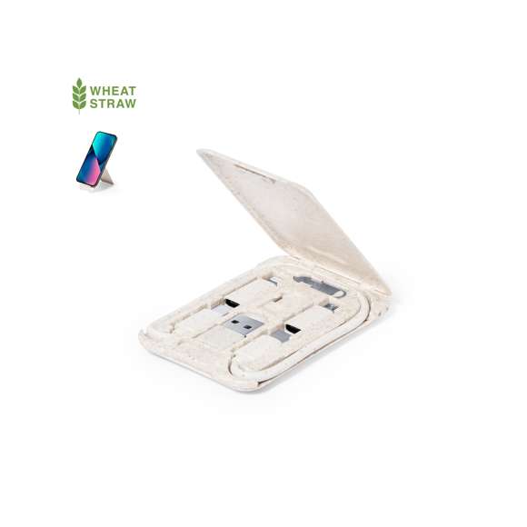 Completo set de cables cargadores fabricado en fibra de trigo. Con función de soporte para smartphones. Incluye cable con capacidad de transferencia de datos y múltiples conexiones, con cabezales Micro USB, Tipo C y Lightning. 5V DC 3A. Con eyector de SIM incluido. Presentado en bolsa individual reciclada.La caña de trigo fomenta la utilización de materias primas naturales, reduciendo así las emisiones contaminantes.