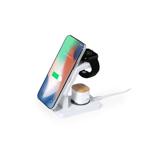 Completo multicargador inalámbrico 15W con soporte para gadgets. Diseñado para la carga simultánea del smartphone, auriculares y smartwatch: una estación de carga todo en uno. Presentado en caja de diseño kraft. Disponible manual de instrucciones en español e inglés.