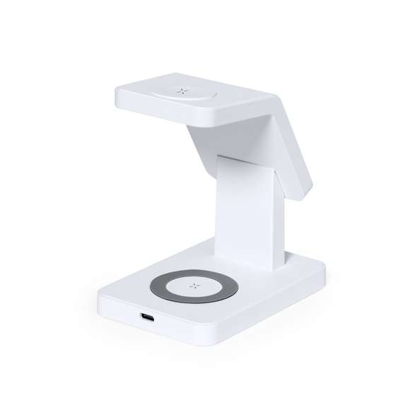Completo multicargador inalámbrico 15W con soporte para gadgets. Diseñado para la carga simultánea del smartphone, auriculares y smartwatch: una estación de carga todo en uno. Presentado en caja de diseño kraft. Disponible manual de instrucciones en español e inglés.