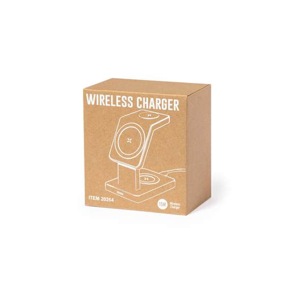 Completo multicargador inalámbrico 15W con soporte para gadgets. Diseñado para la carga simultánea del smartphone, auriculares y smartwatch: una estación de carga todo en uno. Presentado en caja de diseño kraft. Disponible manual de instrucciones en español e inglés.
