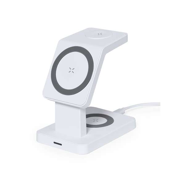 Completo multicargador inalámbrico 15W con soporte para gadgets. Diseñado para la carga simultánea del smartphone, auriculares y smartwatch: una estación de carga todo en uno. Presentado en caja de diseño kraft. Disponible manual de instrucciones en español e inglés.