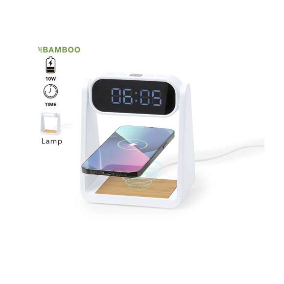 Reloj multifunción con pantalla retroiluminada, función lámpara y cargador inalámbrico 10W integrado. Fabricado en resistente ABS y bambú, de elegante diseño en color blanco, con funciones hora (12/24h) y alarma (3) . Pantalla con intensidad regulable, compatible con dispositivos equipados con tecnología de carga inalámbrica Qi y lámpara con 6 LEDs. Presentado en caja individual de diseño kraft y protector de papel, con manual de instrucciones en español en inglés.Elaborado con elementos vegetales para así fomentar la utilización de materias primas naturales y reducir las emisiones contaminantes.