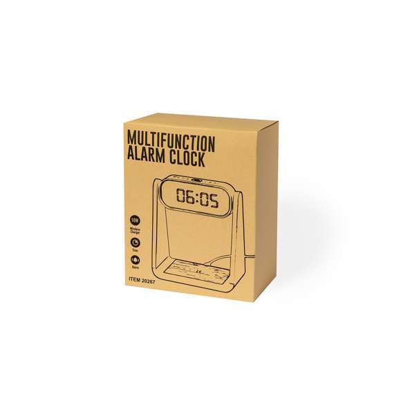 Reloj multifunción con pantalla retroiluminada, función lámpara y cargador inalámbrico 10W integrado. Fabricado en resistente ABS y bambú, de elegante diseño en color blanco, con funciones hora (12/24h) y alarma (3) . Pantalla con intensidad regulable, compatible con dispositivos equipados con tecnología de carga inalámbrica Qi y lámpara con 6 LEDs. Presentado en caja individual de diseño kraft y protector de papel, con manual de instrucciones en español en inglés.Elaborado con elementos vegetales para así fomentar la utilización de materias primas naturales y reducir las emisiones contaminantes.