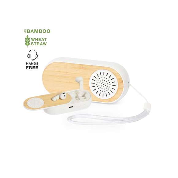 Auriculares altavoz fabricados en bambú y caña de trigo. Con Bluetooth 5.0. Contenido:Auriculares de diseño intraulares con botón de control integrado, base de carga a juego y luz LED de estado de carga. Altavoz Bluetooth de 3W y función manos libres.Batería recargable de 30 mAh en cada auricular y base de 300 mAh. Presentados en caja individual de diseño con manual de instrucciones en español e inglés.Elaborado con elementos vegetales para así fomentar la utilización de materias primas naturales y reducir las emisiones contaminantes.
