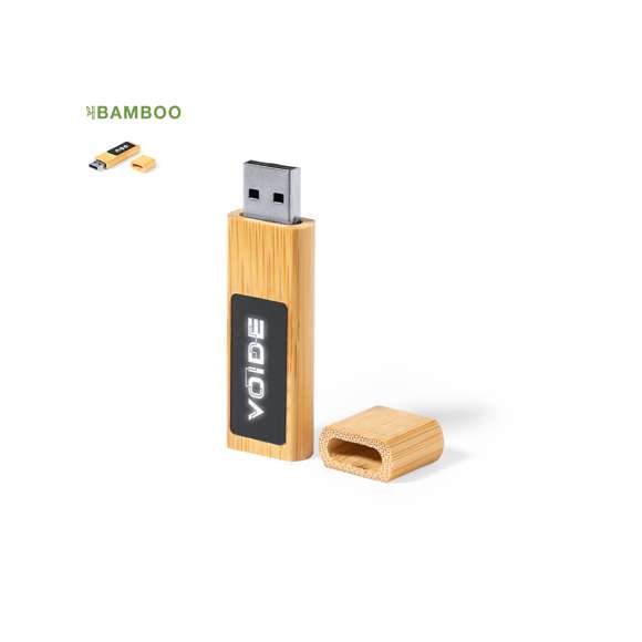 Memoria USB de línea nature de 16GB de capacidad. Fabricada en bambú, con amplia y elegante zona de marcaje iluminada. Cierre de capucha imantado y presentada en atractivo estuche de diseño kraft.
