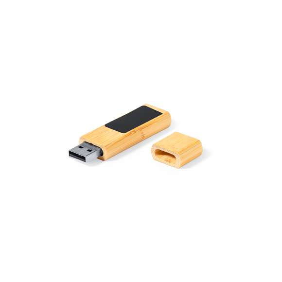 Memoria USB de línea nature de 16GB de capacidad. Fabricada en bambú, con amplia y elegante zona de marcaje iluminada. Cierre de capucha imantado y presentada en atractivo estuche de diseño kraft.