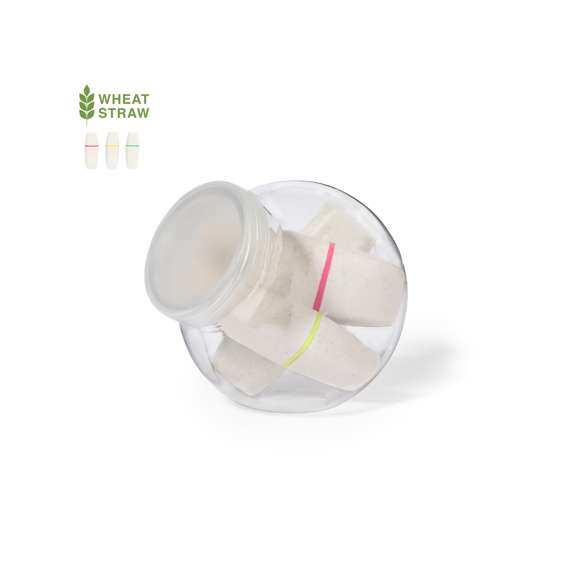 Original y práctico set de marcadores fluorescentes fabricados en caña de trigo y ABS. Incluye tres colores: amarillo, verde y rosa fluorescente. Presentados en bote con cuerpo transparente y tapa blanca a rosca, con superficie lisa para marcaje.La caña de trigo fomenta la utilización de materias primas naturales, reduciendo así las emisiones contaminantes.