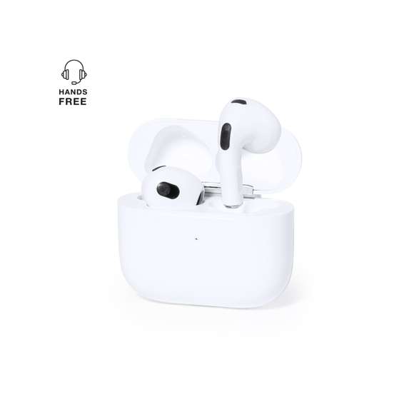 Auriculares intraurales con conexión Bluetooth 5.3 y función manos libres. De diseño ergonómico, incluyen botón de control táctil integrado en el auricular, con base de carga a juego. Batería integrada de 300 mAh y presentados en caja individual de diseño kraft. Manual de instrucciones en español e inglés.