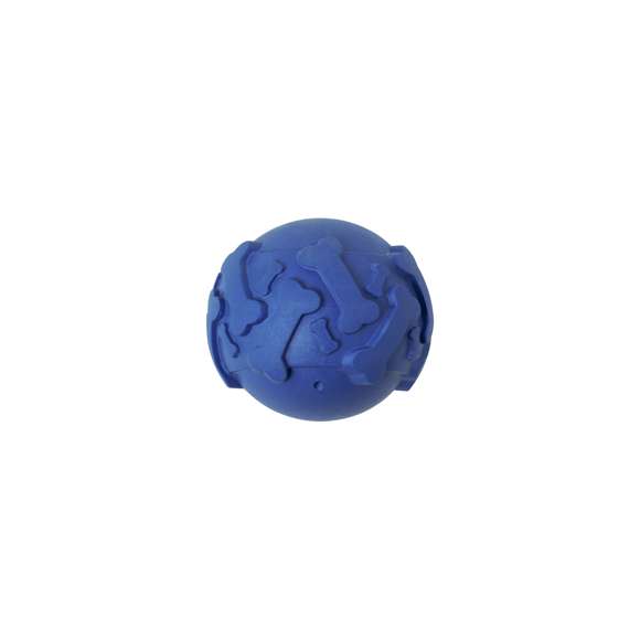 Divertida pelota para mascotas en resistente goma. Ofrece horas de entretenimiento duradero, con original relieve de huesos que añaden textura y estimulan el juego. Disponible en una gama de vivos colores. Presentada individualmente en bolsa de papel reciclada.
