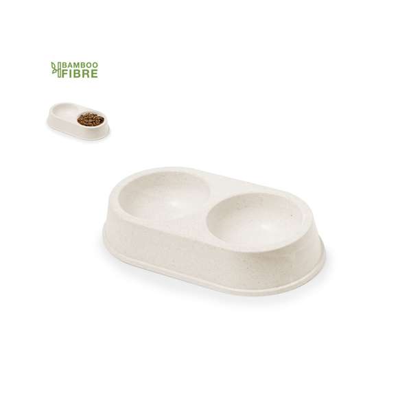 Bowl para mascotas de doble compartimento fabricado en fibra de bambú. Ideal para la alimentación de mascotas, gracias a sus dos divisiones para sólidos y líquidos. Presentado en una bolsa individual reciclada. Materiales como el bambú fomentan la utilización de materias primas naturales, reduciendo las emisiones contaminantes. Proviene de una planta de gran resistencia y versatilidad, con crecimiento y regeneración rápidos, siendo una excelente alternativa al uso de madera tradicional.