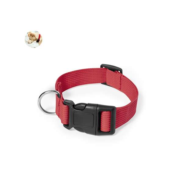 Collar para mascotas en resistente y suave poliéster de vivos colores. Con cinta ajustable, cierre de clic y accesorio metálico para cinta de paseo.