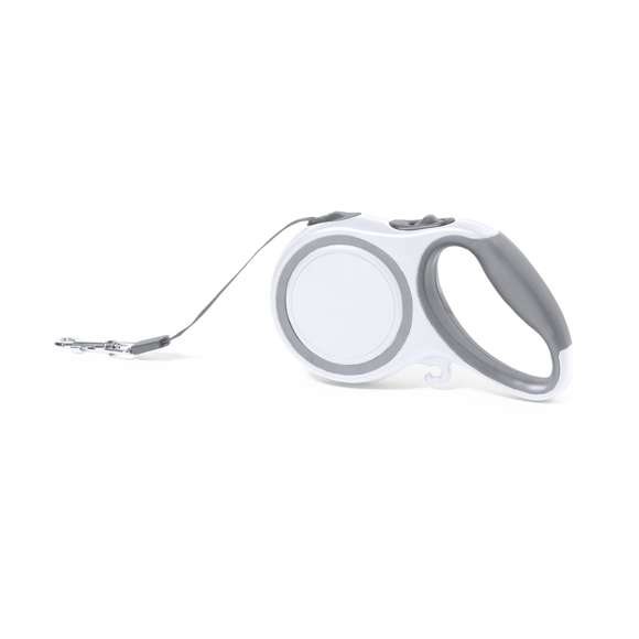 Cinta de paseo extensible de 3 metros, fabricada en resistente poliéster, con carcasa en robusto ABS. Incluye botón de freno integrado, con cómoda empuñadura ergonómica y práctico gancho para bolsas. Con mosquetón metálico de enganche giratorio y presentada individualmente en caja de diseño kraft.