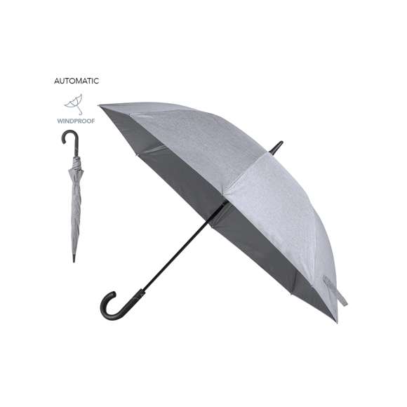 Paraguas de alta calidad y 130cm de diámetro, fabricado en material poliéster 150D y en elegante tono gris jaspeado. Apertura automática y varillas de fibra de vidrio, con sistema antiviento y cierre de velcro. Con mango ergonómico en suave ABS y presentado en bolsa reciclada.