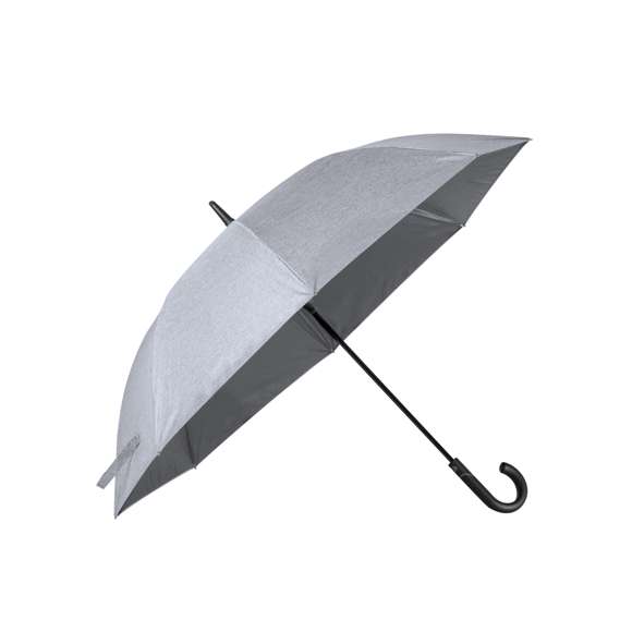Paraguas de alta calidad y 130cm de diámetro, fabricado en material poliéster 150D y en elegante tono gris jaspeado. Apertura automática y varillas de fibra de vidrio, con sistema antiviento y cierre de velcro. Con mango ergonómico en suave ABS y presentado en bolsa reciclada.