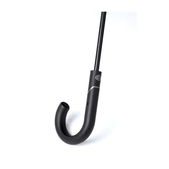 Paraguas de alta calidad y 130cm de diámetro, fabricado en material poliéster 150D y en elegante tono gris jaspeado. Apertura automática y varillas de fibra de vidrio, con sistema antiviento y cierre de velcro. Con mango ergonómico en suave ABS y presentado en bolsa reciclada.