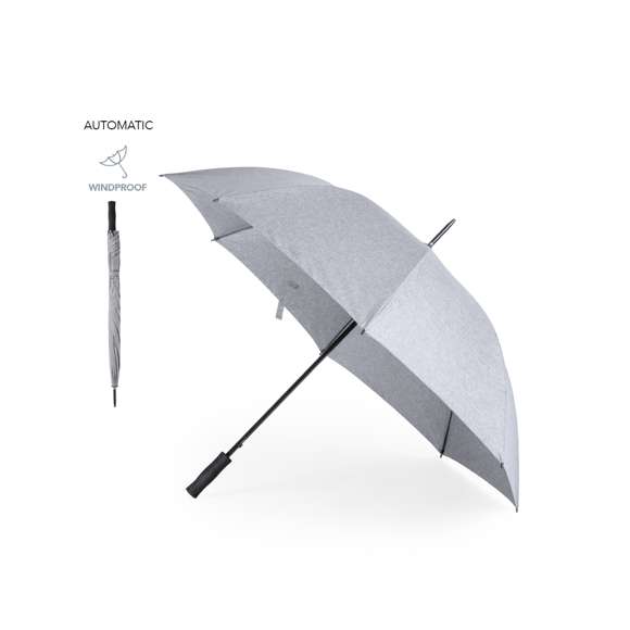 Paraguas de alta calidad y 130cm de diámetro, fabricado en material poliéster 150D y en elegante tono gris jaspeado. Apertura automática, varillas de fibra de vidrio antiviento y cierre de velcro. Mango recto fabricado en EVA. Presentado en bolsa reciclada.